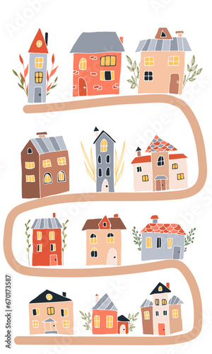 A set of Scandinavian multicolored houses, doodle hand drawn , cartoon flat .Autumn illustrations of buildings, children's drawings. For kids. On white background .