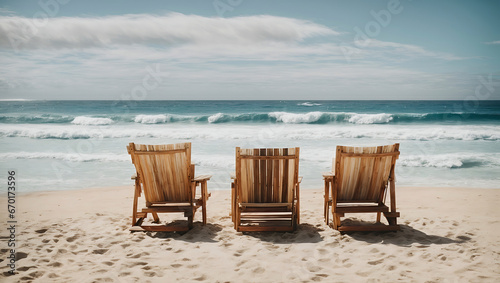 Three wooden lounge chairs facing the serene waves of a sunlit beach, with a vast ocean horizon and fluffy clouds above.
