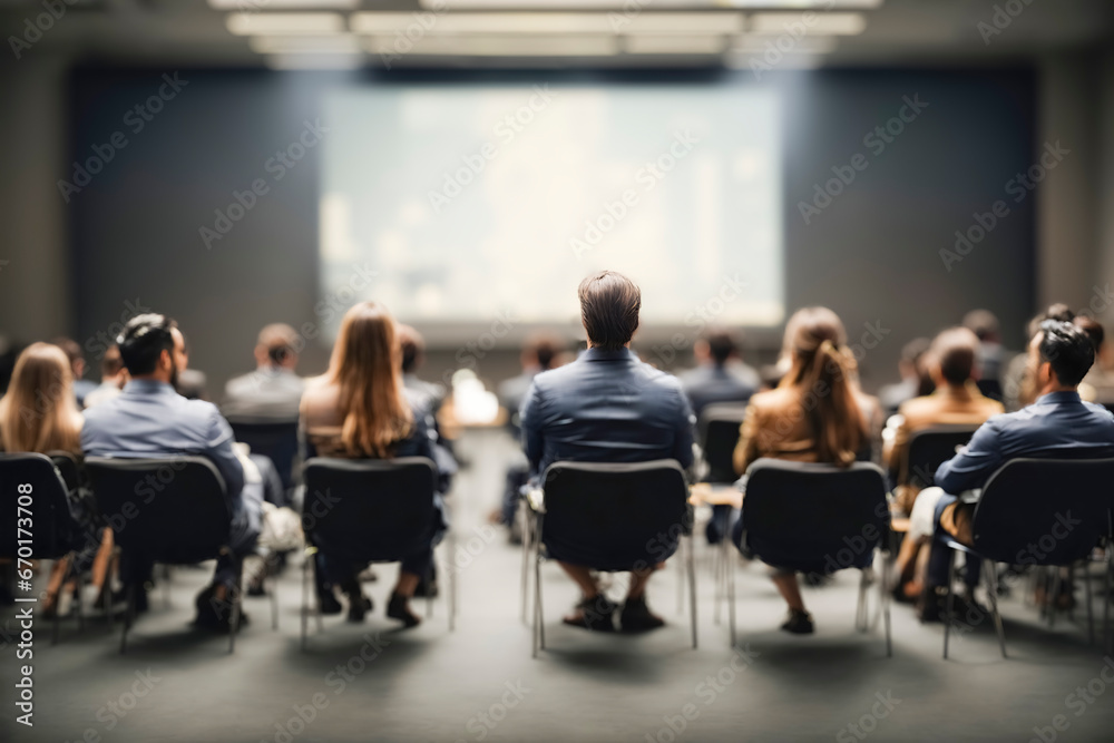 A group of people seated in a dimly lit conference room, facing a projected screen, captured from the back.