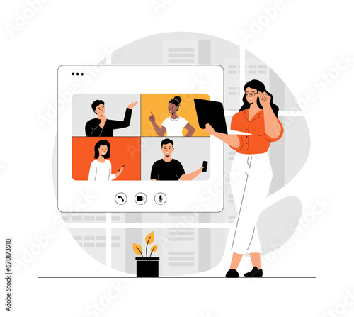 Woman with laptop have videoconference with colleagues, clients or friends. Online meeting, web conferencing, virtual call. Illustration with people scene in flat design for website and mobile develop
