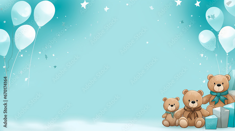 Toy Teddy bears with gifts and balloons on a blue background. The concept of birthday greetings, for boys. Boyish style. Sketch. Copy space. Toy Teddy bears with gifts and balloons on a blue background. The concept of birthday greetings, for boys. Boyish style. Sketch. Copy space.