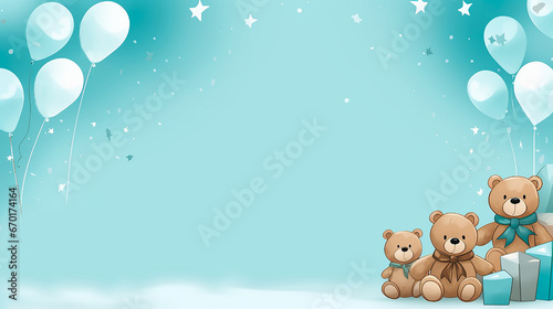 Toy Teddy bears with gifts and balloons on a blue background. The concept of birthday greetings  for boys. Boyish style. Sketch. Copy space.