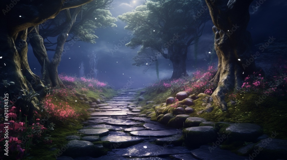 A pathway in a forest, lined with Moonlit Moss Phlox, leading to an enchanting and mysterious destination under the moonlight.