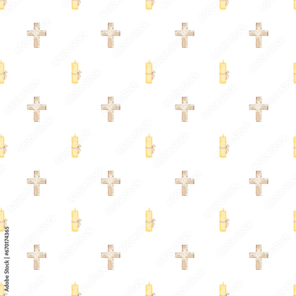 seamless pattern of Orthodox crosses and candle. elegant baby christening pattern for printing on fabric, packaging for Easter cakes, napkins, tablecloths