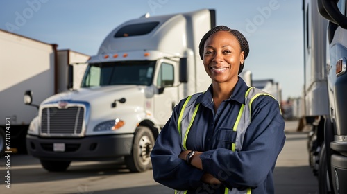 Portrait of smiling professional female truck driver. Truck vehicles in the background.
