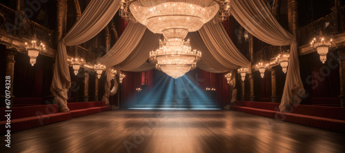 A lavish runway, Adorned with velvet curtains and vintage chandeliers.