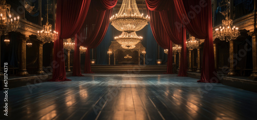 A lavish runway, Adorned with velvet curtains and vintage chandeliers.