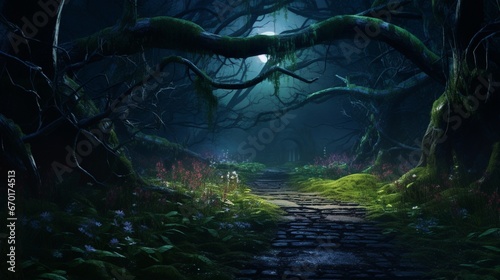 A pathway in a forest  lined with Moonlit Moss Phlox  leading to an enchanting and mysterious destination under the moonlight.