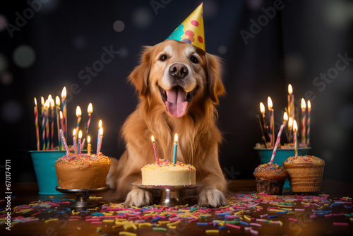 Golden Retriever Hund vor einem Geburtstagskuchen