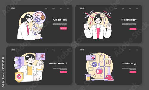 Medical research night or dark mode web banner or landing page. Biotechnology, medicine and pharmacology development. Innovative technologies, clinical trials and tests. Flat vector illustration