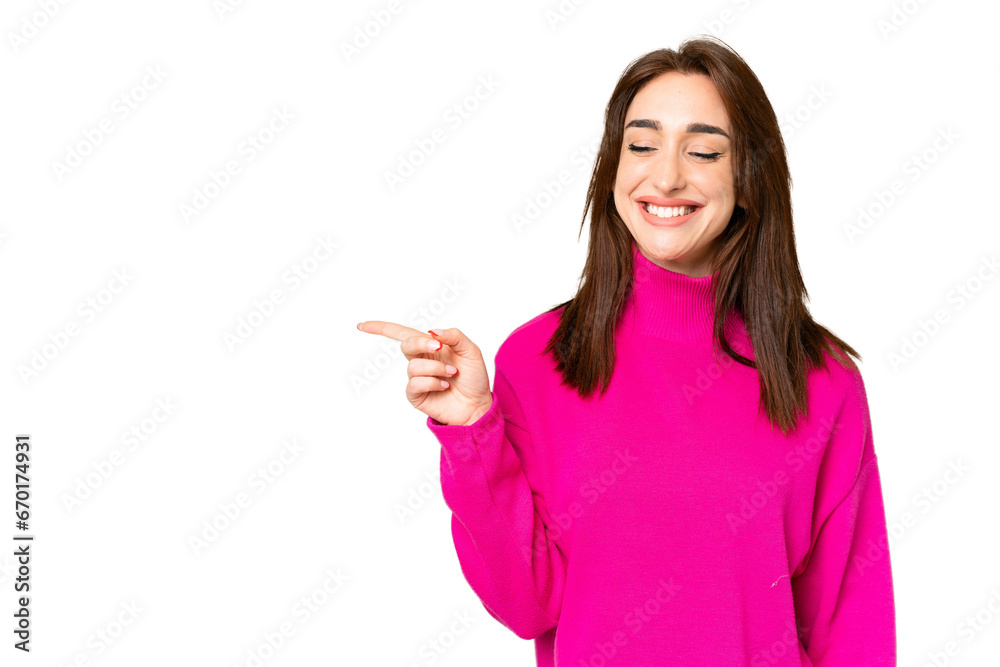 Young caucasian woman over isolated chroma key background pointing finger to the side and presenting a product Young caucasian woman over isolated chroma key background pointing finger to the side and presenting a product