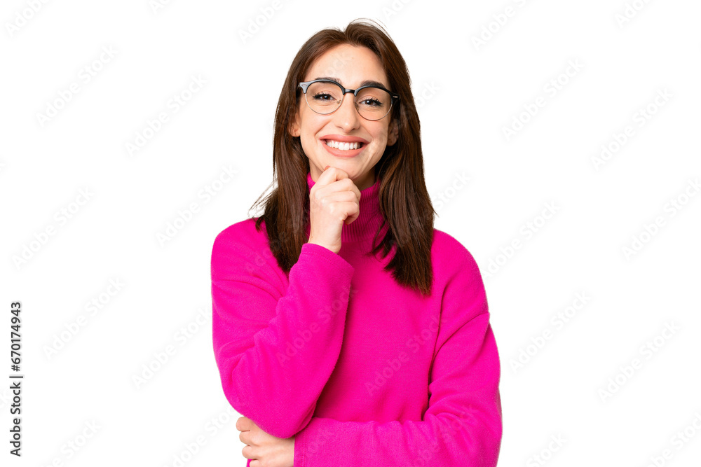 Young caucasian woman over isolated chroma key background with glasses and smiling Young caucasian woman over isolated chroma key background with glasses and smiling