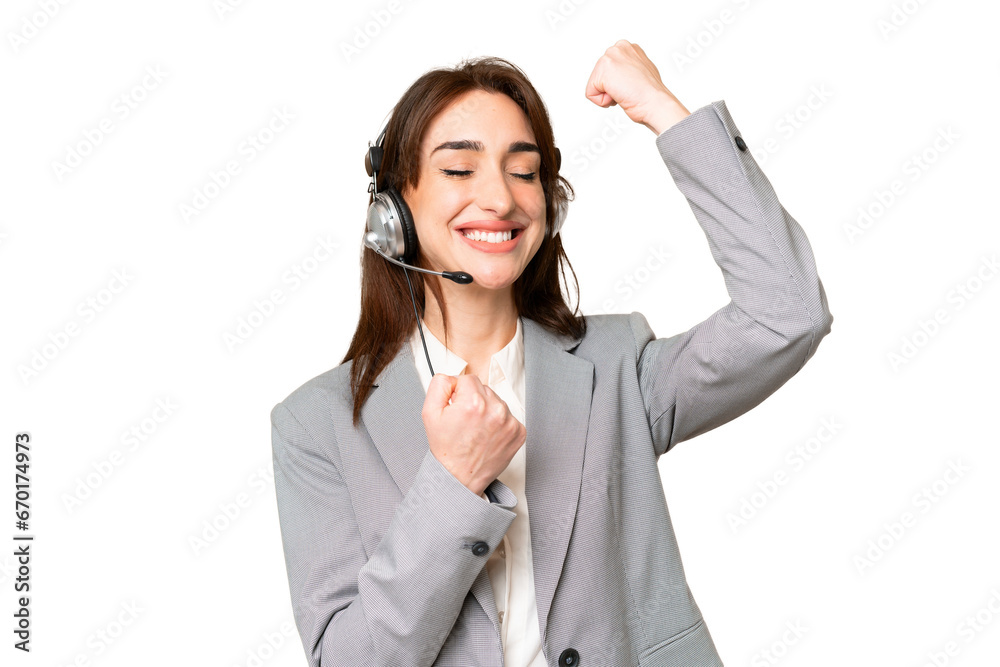 Telemarketer caucasian woman working with a headset over isolated chroma key background celebrating a victory Telemarketer caucasian woman working with a headset over isolated chroma key background celebrating a victory