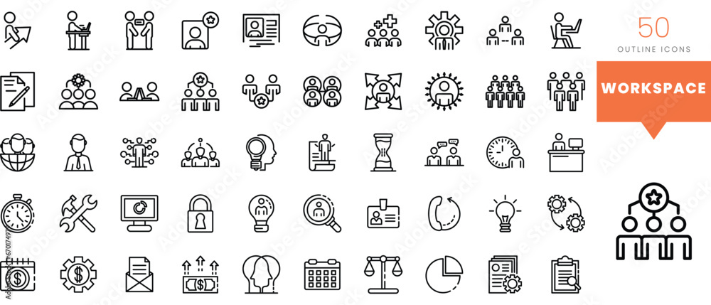 Set of minimalist linear workspace icons. Vector illustration