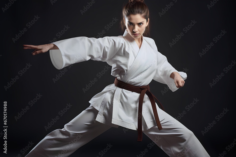 Young woman in kimono practicing karate in photo portrait studio