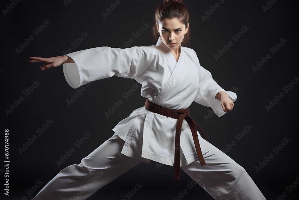 Young woman in kimono practicing karate in photo portrait studio Young woman in kimono practicing karate in photo portrait studio