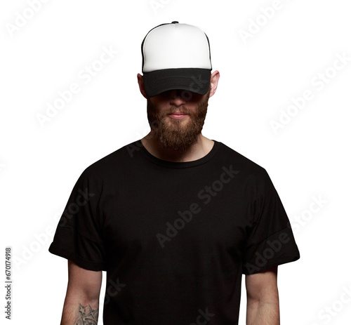 Hipster man wearing a white baseball cap and a black t-shirt
