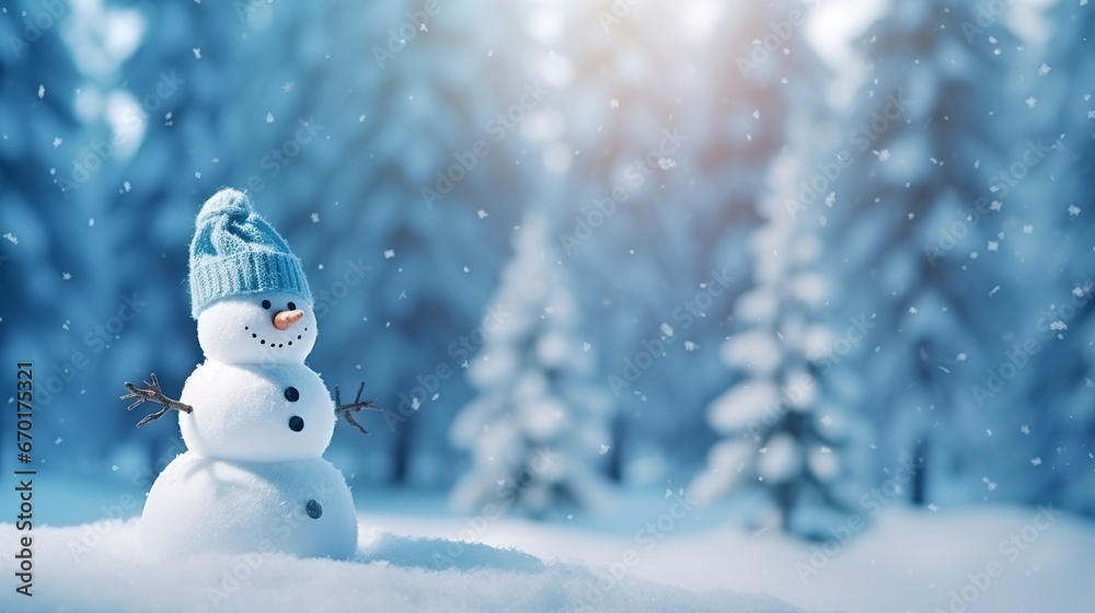 A beautiful and cute snowman in a snowy forest in blue tones. Snowman in warm sunlight with christmas copy space.