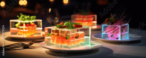 Food on platne in 3d technology vision, future of culinary meal table.