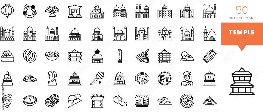 Set of minimalist linear temple icons. Vector illustration - obrazy, fototapety, plakaty 