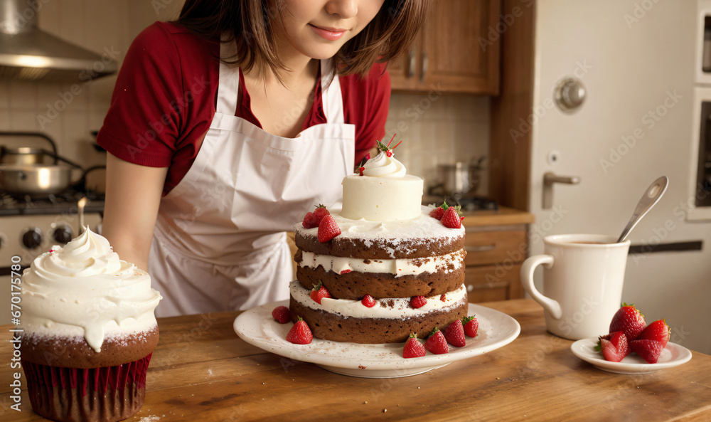 young woman with red t-shirt laying over baked sweet strawberry pie, generative AI young woman with red t-shirt laying over baked sweet strawberry pie, generative AI