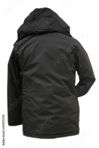 back view of winter short jacket with hood on isolated background
