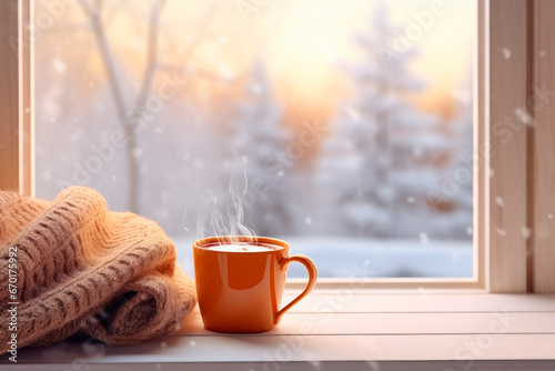 mug of hot coffee and woolen knitting on windowsill against snow landscape from outside