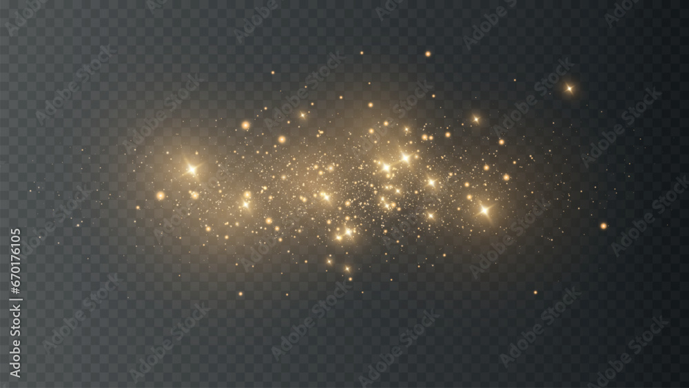 The dust sparks and golden stars shine with special light. Vector sparkles on a transparent background. Christmas light effect. Sparkling magical dust particles. PNG