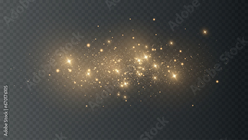 The dust sparks and golden stars shine with special light. Vector sparkles on a transparent background. Christmas light effect. Sparkling magical dust particles. PNG photo