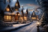 Christmas in a peaceful snowy setting, Charming village comes to life with the twinkling.