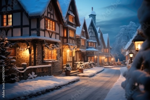 Christmas in a peaceful snowy setting  Charming village comes to life with the twinkling.