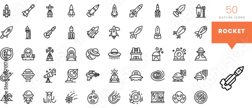 Set of minimalist linear rocket icons. Vector illustration