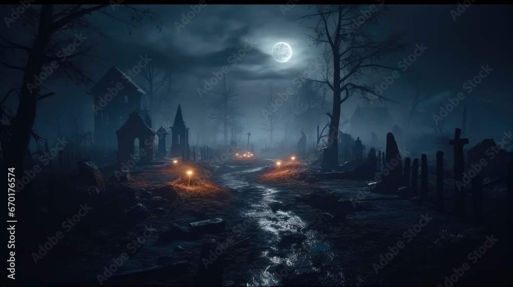 Dark spooky graveyard with rolling mist, full moon in the sky, scary, halloween.