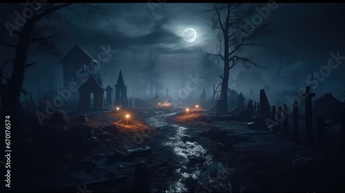 Dark spooky graveyard with rolling mist, full moon in the sky, scary, halloween. © visoot