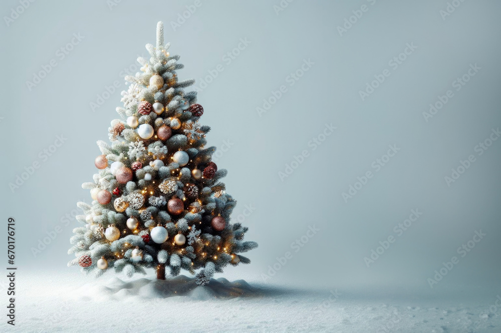 Decorated Christmas tree isolated on a snowy background with Copy space. AI generative
