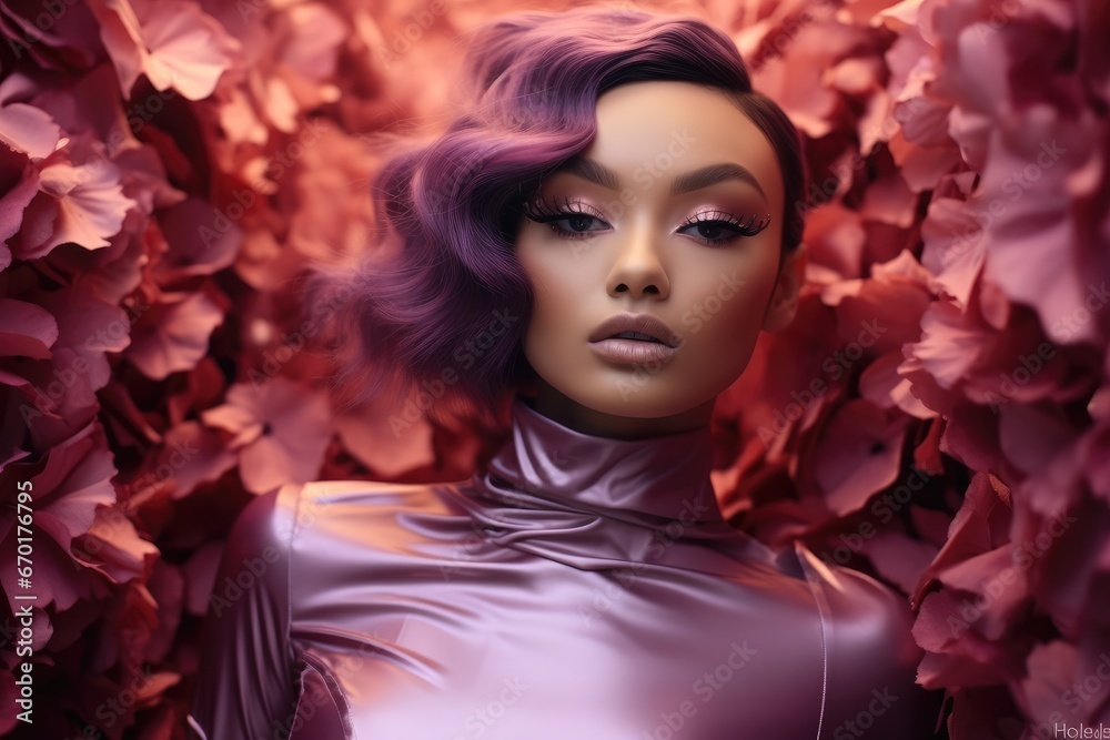 Beautiful female is wearing pink makeup with purple leaves.