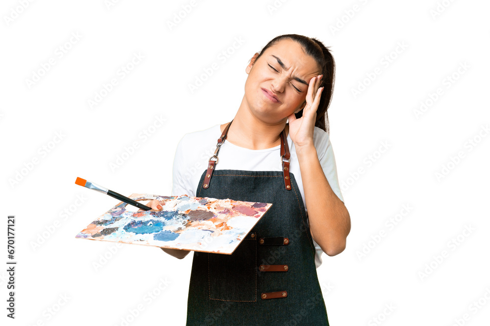 Young artist woman holding a palette over isolated chroma key background with headache Young artist woman holding a palette over isolated chroma key background with headache