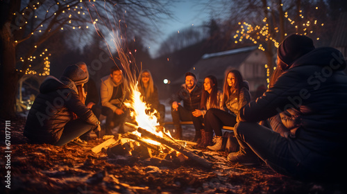 a New Year's bonfire, with friends gathered around as the background context, during a cozy outdoor celebration