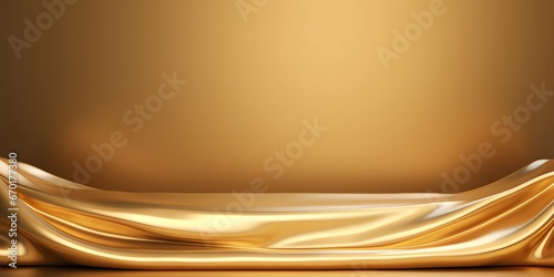 Golden luxurious fabric placed on top pedestal or blank podium shelf on gold background with luxury concept. 3D rendering.. 