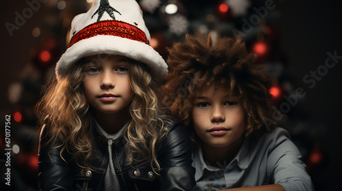 Friends in Christmas hats posing - holiday spirit - teens - children - close-up - holiday style - festive mood 