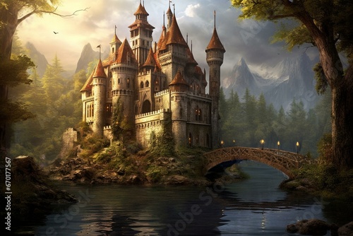 Enchanting castle near a mystical river. Generative AI