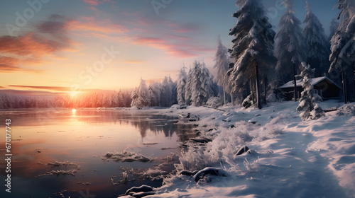 sunrise over the lake in winter © toomi123