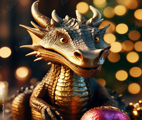 Dragon with Christmas balls on a background with bokeh.