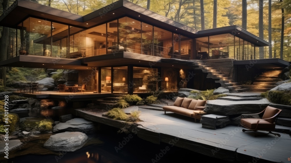 Modern concrete wood and stone home with cascading waterfalls in the main living area.
