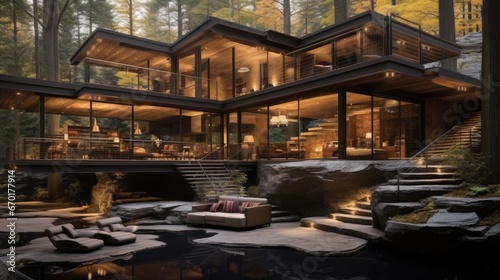 Modern concrete wood and stone home with cascading waterfalls in the main living area.