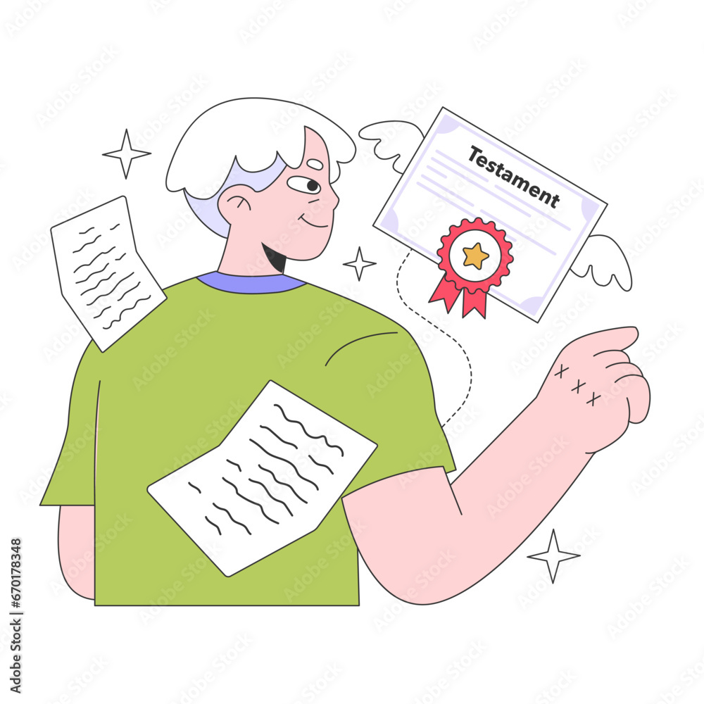 Senior life milestone. Getting old and maturing. Retired man making a will. Old character write a testament. Property transferring paper. Flat vector illustration.
