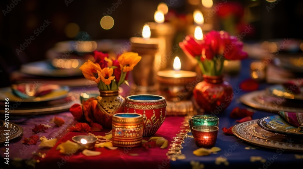 Diwali table setting. Diwali Deepavali festive colorful bright table set with traditional dishes and sweets, candles, lights