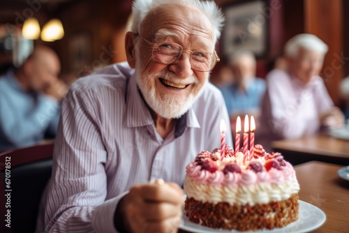 Portrait of elderly person enjoying a slice of birthday cake.