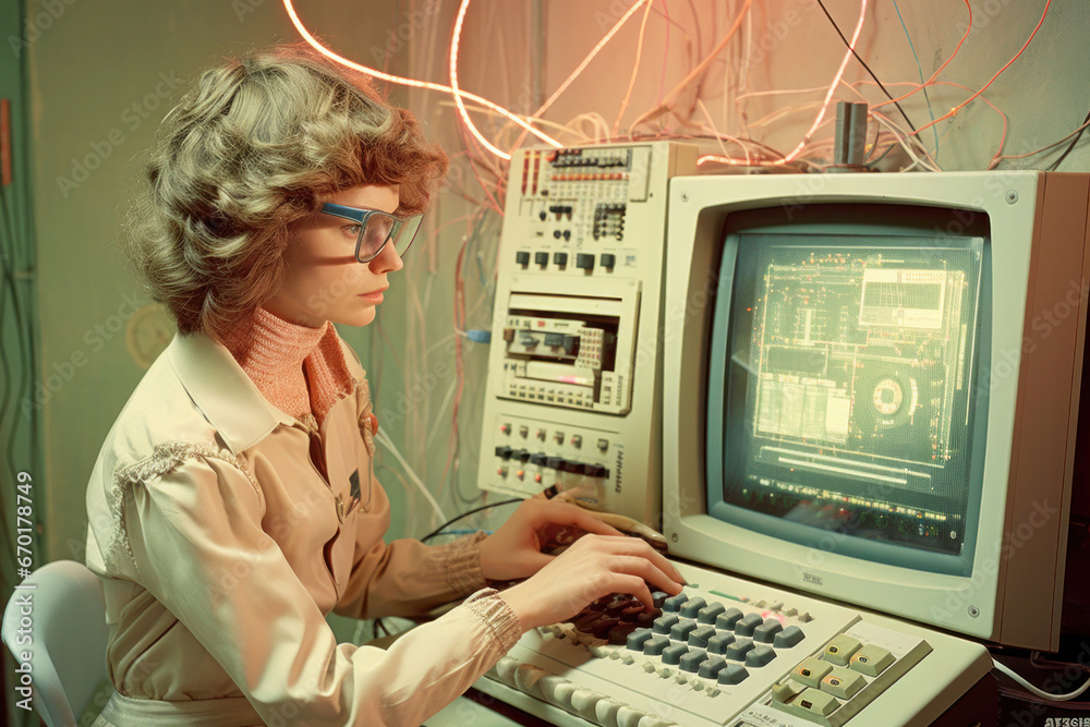 Woman using vintage computer, typing on keyboard. Retro pop art concept