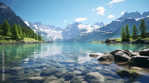 A pristine Moonstone Mallow lake, its crystal-clear waters mirroring the surrounding mountains.